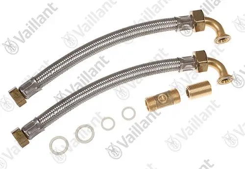 Flexible Anschlussleitungen von Vaillant mit Metallgeflecht und verschiedenen Anschlussteilen, geeignet für Heizungsinstallationen.